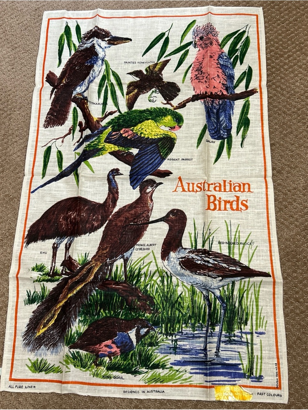 NWT Vintage Tea Towel Tapestry Birds Water Australian Pure Linen Rare Australia